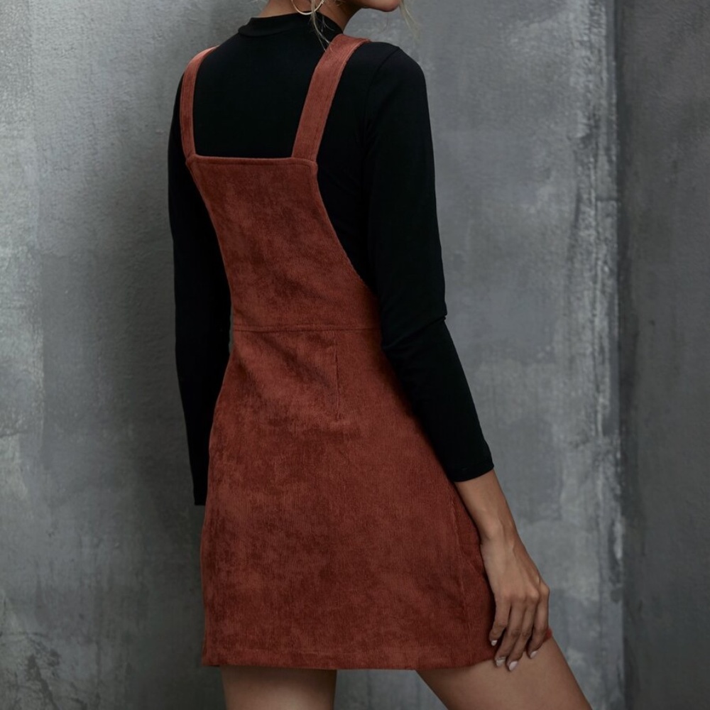 Boho Rust Brown corduroy Zipper Mini Dress - Picture 3 of 8